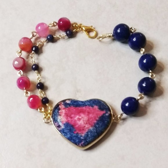 Hand Crafted Other - VALENTINE'S DAY ALERT!!! Gorgeous Beaded Pink & Blue Jasper Heart Bracelet 7.5"